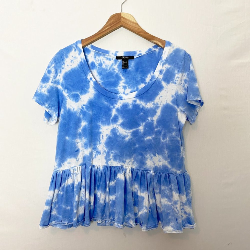 F21 Blue Tie Dye Peplum Shirt Size Large